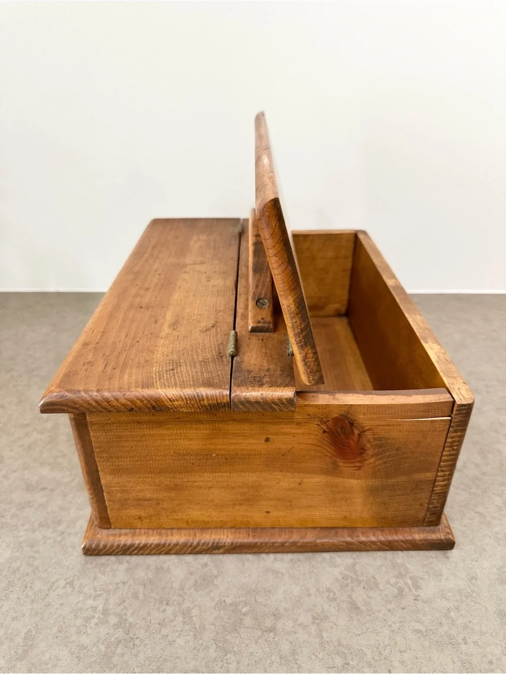 Vintage Wooden Handled Storage Box Tool Caddy Dual Hinged Lid Warm Honey Brown